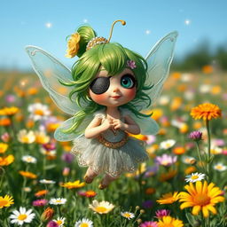 A whimsical short and plump fairy with an eye patch, featuring vibrant green hair