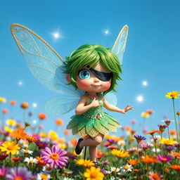 A whimsical short and plump fairy with an eye patch, featuring vibrant green hair