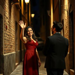 A woman with a warm smile, waving to her lover, positioned on a stage alongside a man