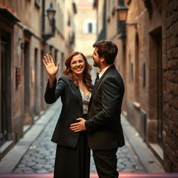 A woman with a warm smile, waving to her lover, positioned on a stage alongside a man