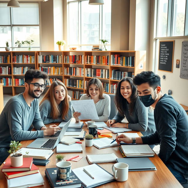 A lively college student environment featuring a group of diverse students studying together at a large table piled with laptops, textbooks, notebooks, and coffee mugs