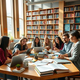 A lively college student environment featuring a group of diverse students studying together at a large table piled with laptops, textbooks, notebooks, and coffee mugs