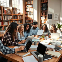 A lively college student environment featuring a group of diverse students studying together at a large table piled with laptops, textbooks, notebooks, and coffee mugs