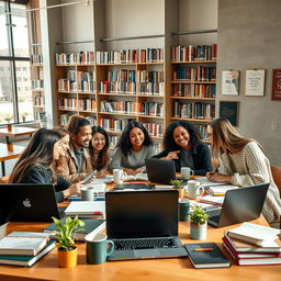 A lively college student environment featuring a group of diverse students studying together at a large table piled with laptops, textbooks, notebooks, and coffee mugs