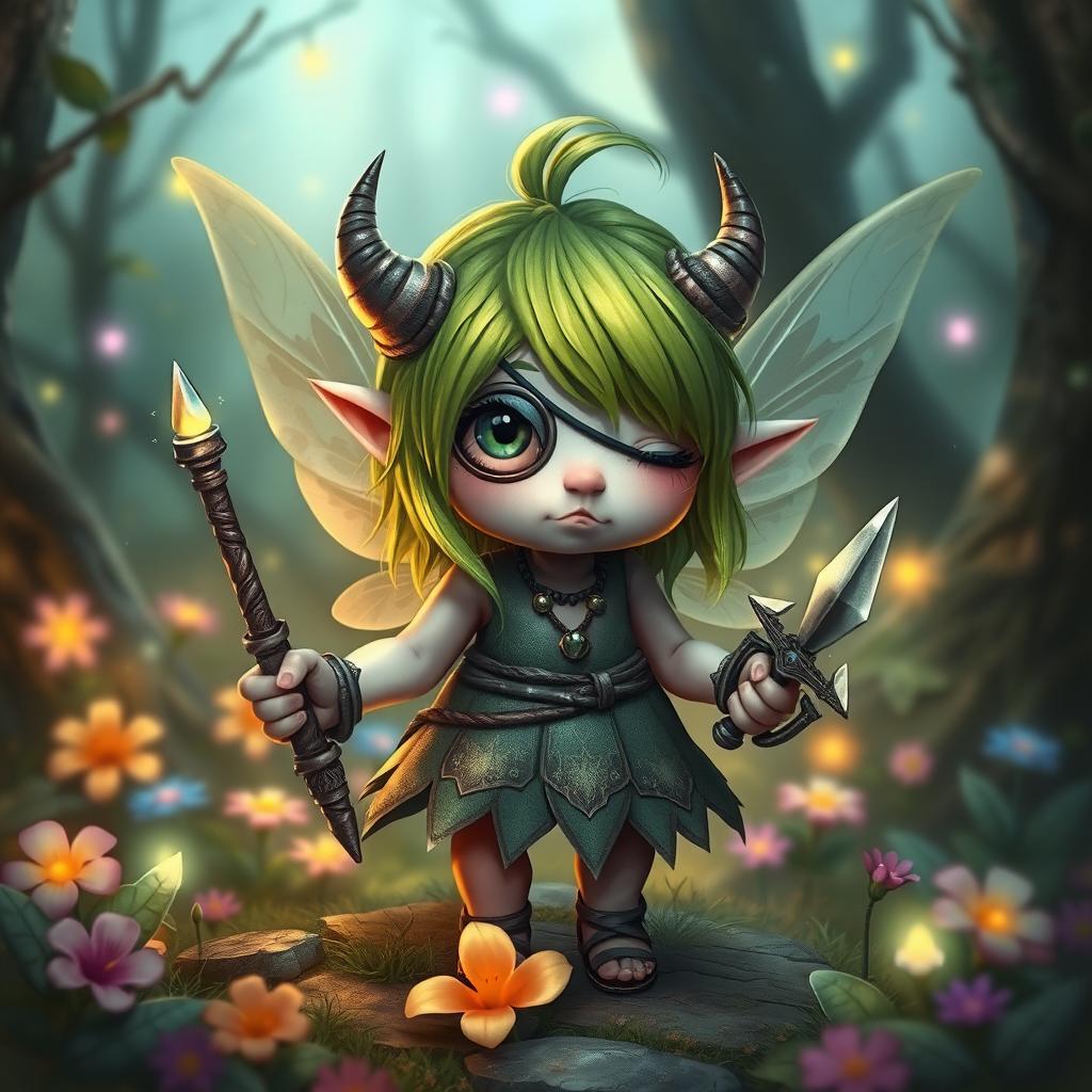 A short, plump fairy with vibrant green hair and an eye patch over one eye