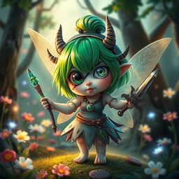 A short, plump fairy with vibrant green hair and an eye patch over one eye