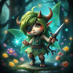 A short, plump fairy with vibrant green hair and an eye patch over one eye