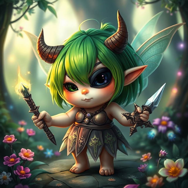 A short, plump fairy with vibrant green hair and an eye patch over one eye