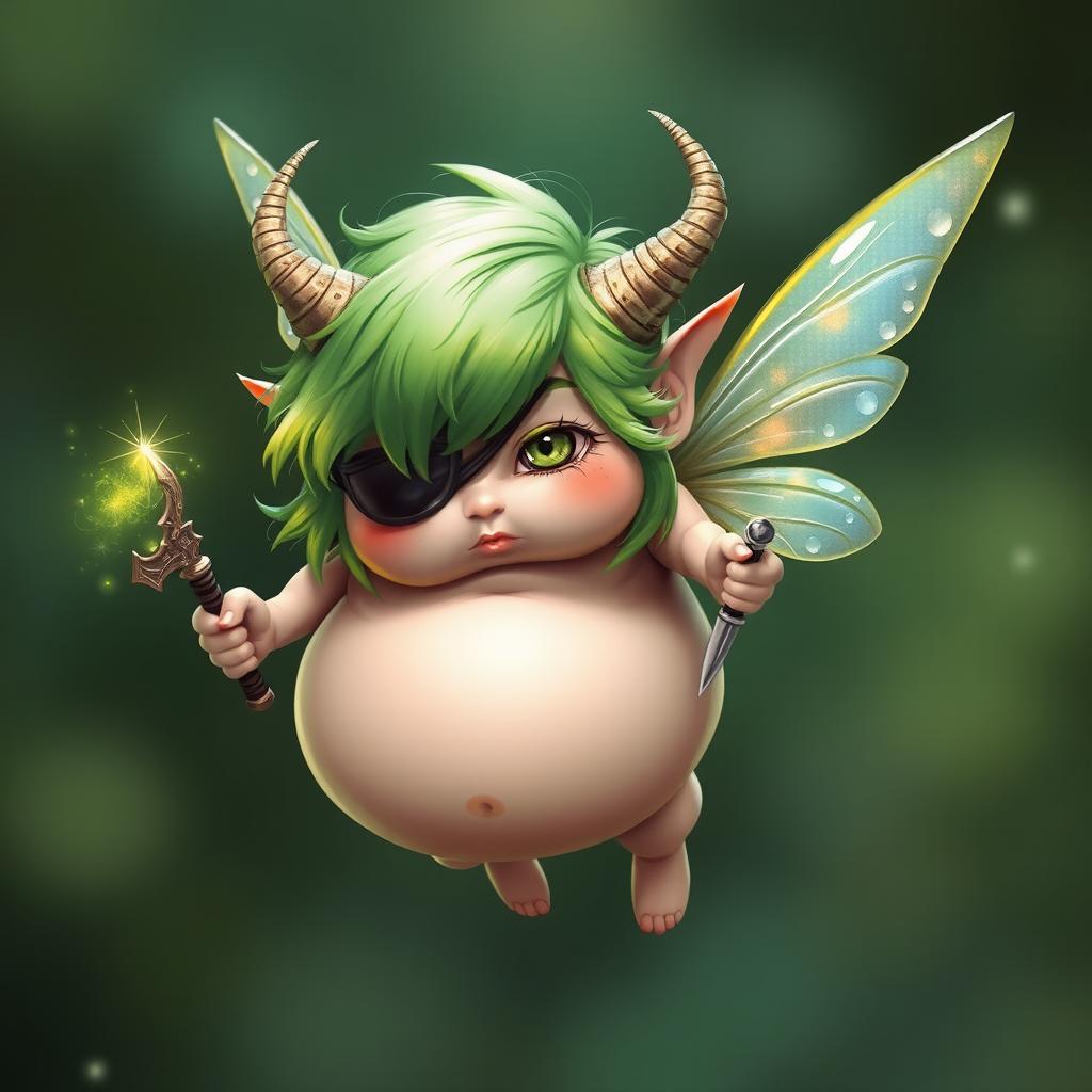 A short, very fat fairy with vibrant green hair, wearing an eye patch over one eye