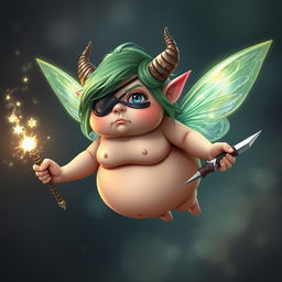 A short, very fat fairy with vibrant green hair, wearing an eye patch over one eye