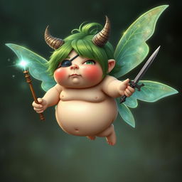 A short, very fat fairy with vibrant green hair, wearing an eye patch over one eye