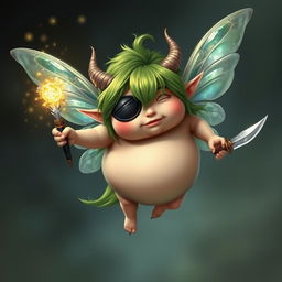 A short, very fat fairy with vibrant green hair, wearing an eye patch over one eye