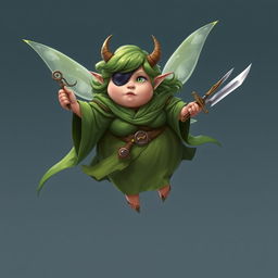 A short, very fat fairy with vibrant green hair and an eye patch, adorned with small, curved horns