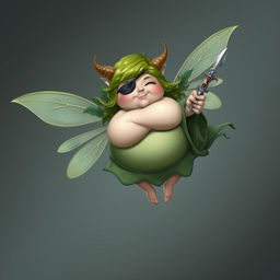 A short, very fat fairy with vibrant green hair and an eye patch, adorned with small, curved horns