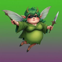 A short, very fat fairy with vibrant green hair and an eye patch, adorned with small, curved horns