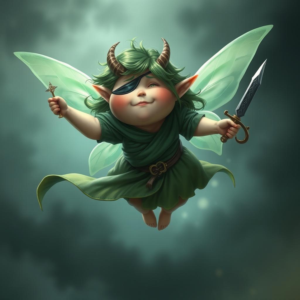 A short, very fat fairy with vibrant green hair and an eye patch, adorned with small, curved horns