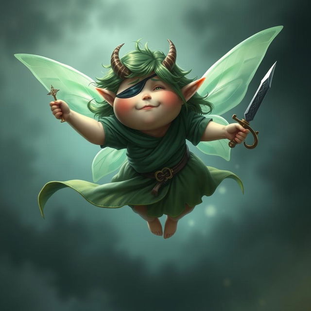 A short, very fat fairy with vibrant green hair and an eye patch, adorned with small, curved horns