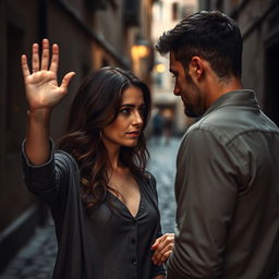 A sad woman, with tears in her eyes, gently waving goodbye to her lover as they break up