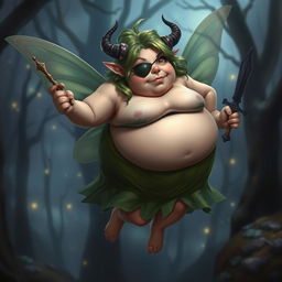 A short, very obese fairy with green hair and an eye patch