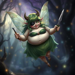 A short, very obese fairy with green hair and an eye patch