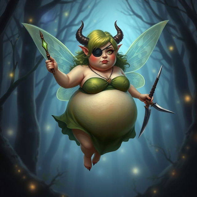 A short, very obese fairy with green hair and an eye patch