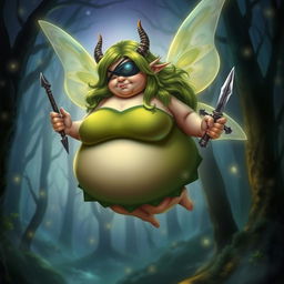 A short, very obese fairy with green hair and an eye patch