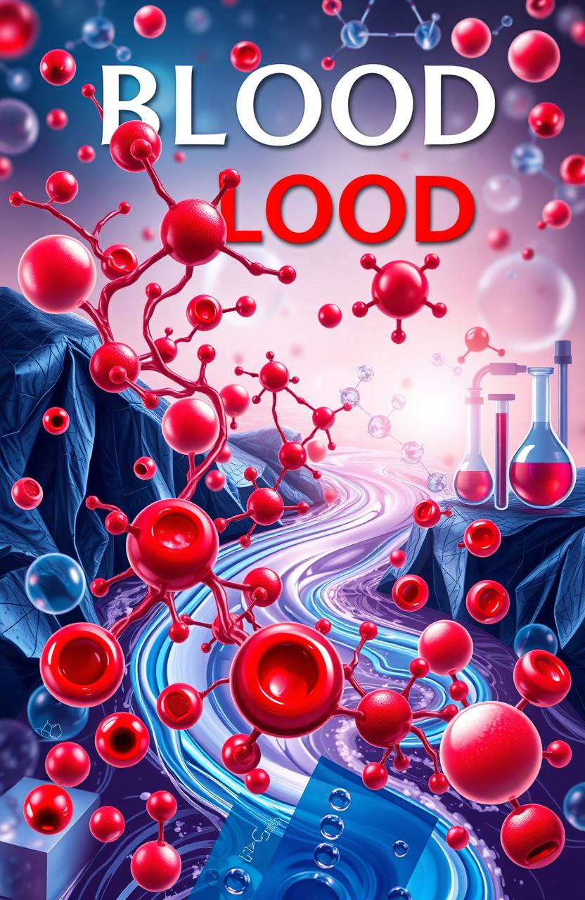 A scientific book cover design featuring a river flowing with intricate molecules representing blood components, intertwining through a vivid biochemical landscape