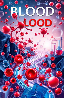 A scientific book cover design featuring a river flowing with intricate molecules representing blood components, intertwining through a vivid biochemical landscape