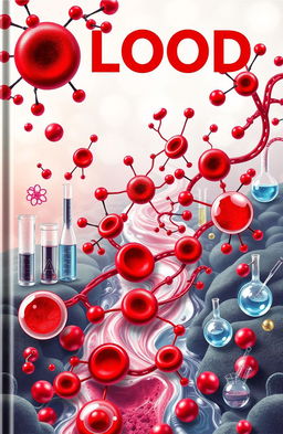 A scientific book cover design featuring a river flowing with intricate molecules representing blood components, intertwining through a vivid biochemical landscape