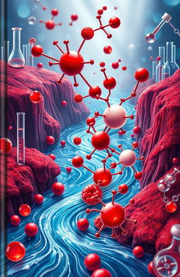 A scientific book cover design featuring a river flowing with intricate molecules representing blood components, intertwining through a vivid biochemical landscape