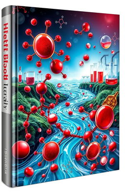 A scientific book cover design featuring a river flowing with intricate molecules representing blood components, intertwining through a vivid biochemical landscape