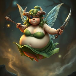 A short, very obese fairy with shimmering green hair, an elaborate eye patch over one eye and whimsical horns curving from her head