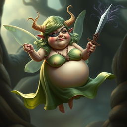 A short, very obese fairy with shimmering green hair, an elaborate eye patch over one eye and whimsical horns curving from her head