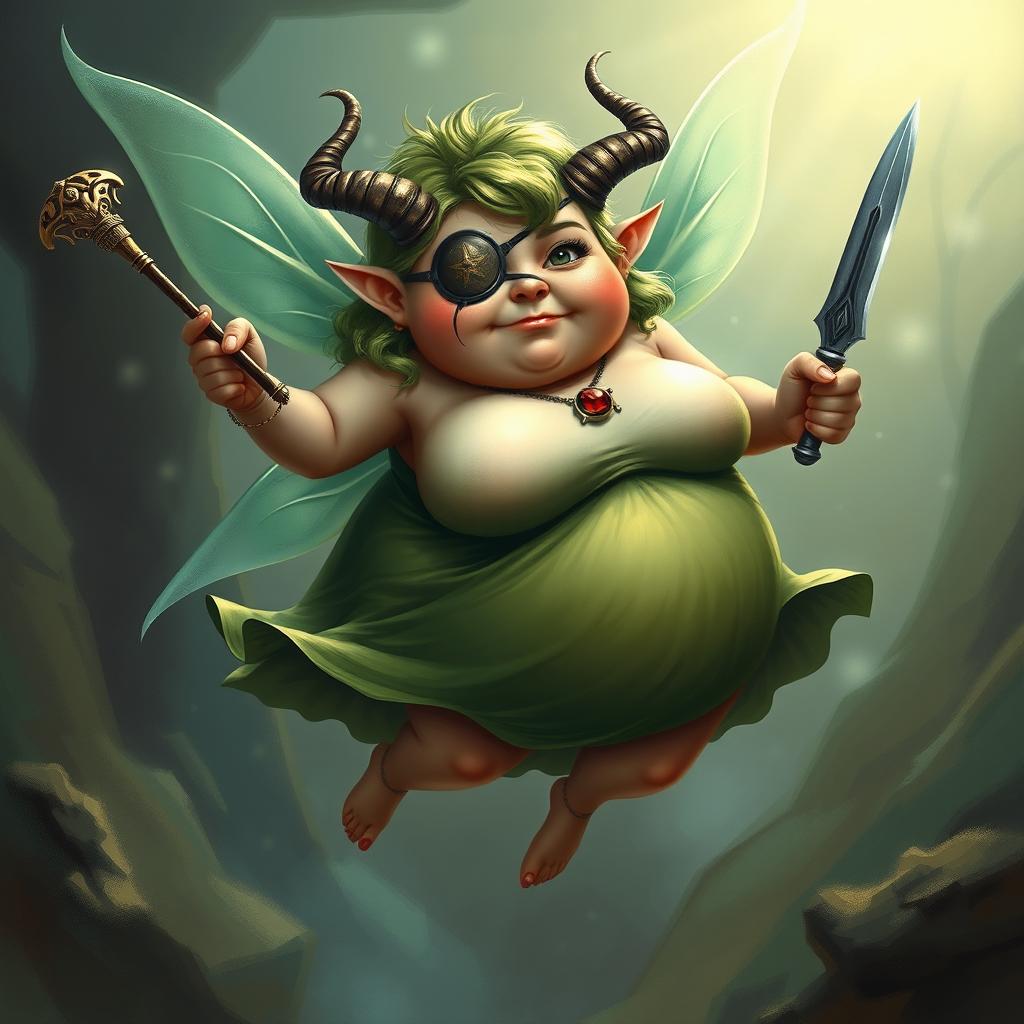 A short, very obese fairy with shimmering green hair, an elaborate eye patch over one eye and whimsical horns curving from her head