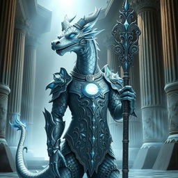 a majestic Silver Dragonborn cleric standing with an aura of divine energy, wearing ornate silver armor with blue and white accents, a radiant holy symbol around their neck, and carrying a beautifully carved silver staff with glowing runes