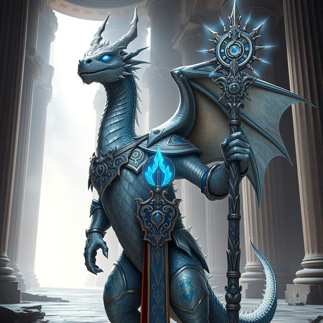 a majestic Silver Dragonborn cleric standing with an aura of divine energy, wearing ornate silver armor with blue and white accents, a radiant holy symbol around their neck, and carrying a beautifully carved silver staff with glowing runes