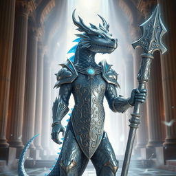 a majestic Silver Dragonborn cleric standing with an aura of divine energy, wearing ornate silver armor with blue and white accents, a radiant holy symbol around their neck, and carrying a beautifully carved silver staff with glowing runes