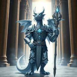 a majestic Silver Dragonborn cleric standing with an aura of divine energy, wearing ornate silver armor with blue and white accents, a radiant holy symbol around their neck, and carrying a beautifully carved silver staff with glowing runes