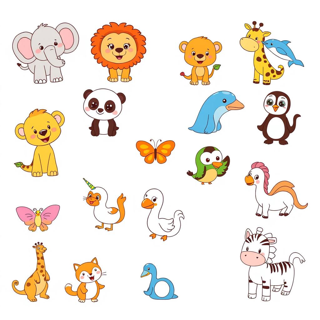 Collection of 18 different animal illustrations suitable for children under 8 years old to color