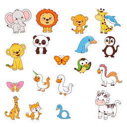 Collection of 18 different animal illustrations suitable for children under 8 years old to color