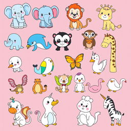 Collection of 18 different animal illustrations suitable for children under 8 years old to color