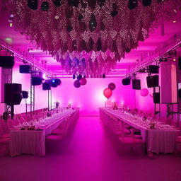 A festive party hall adorned with bright lights, colorful balloons, long banquet tables covered with table cloths, festive decorations, and a vibrant dance floor.