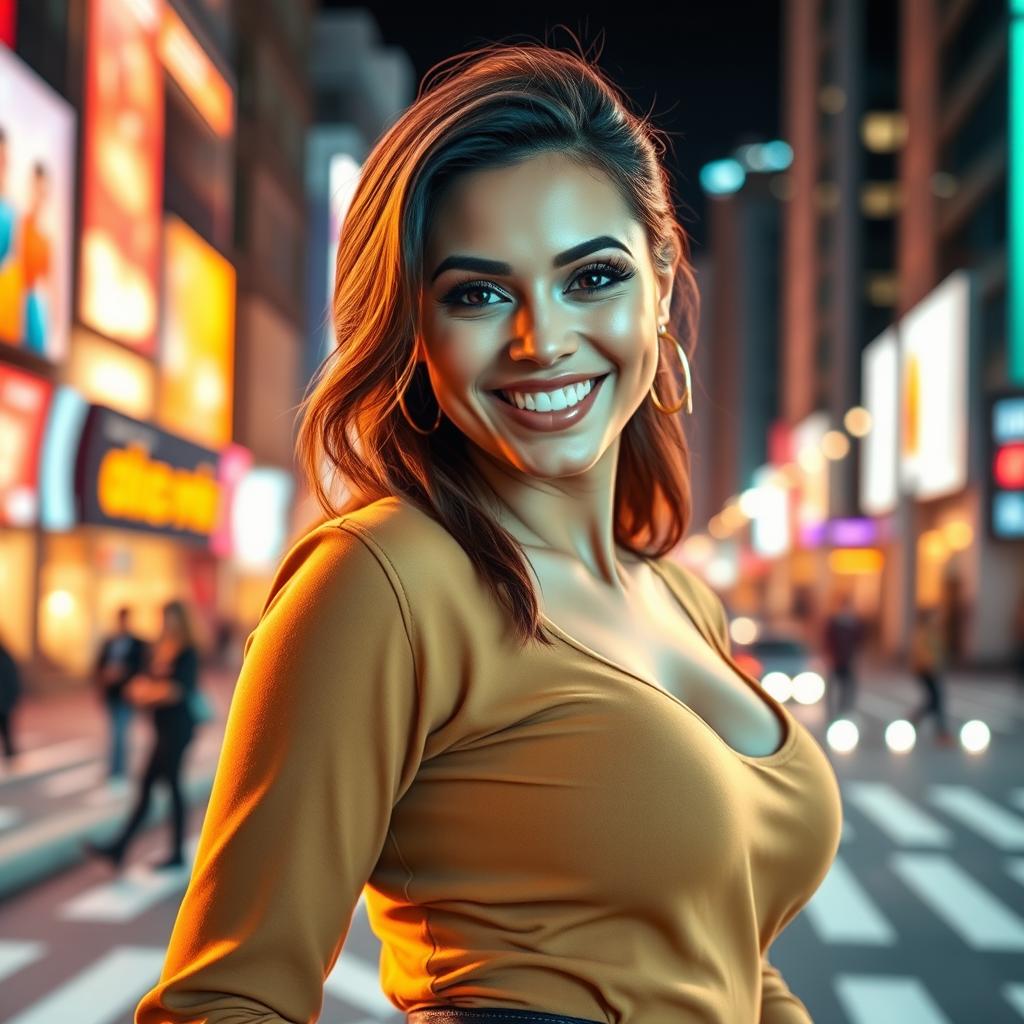 A stunning and confident woman with a captivating smile and impressive curves, wearing a stylish outfit that highlights her features, standing in a vibrant urban setting