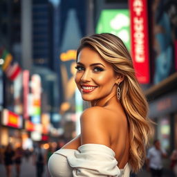 A stunning and confident woman with a captivating smile and impressive curves, wearing a stylish outfit that highlights her features, standing in a vibrant urban setting