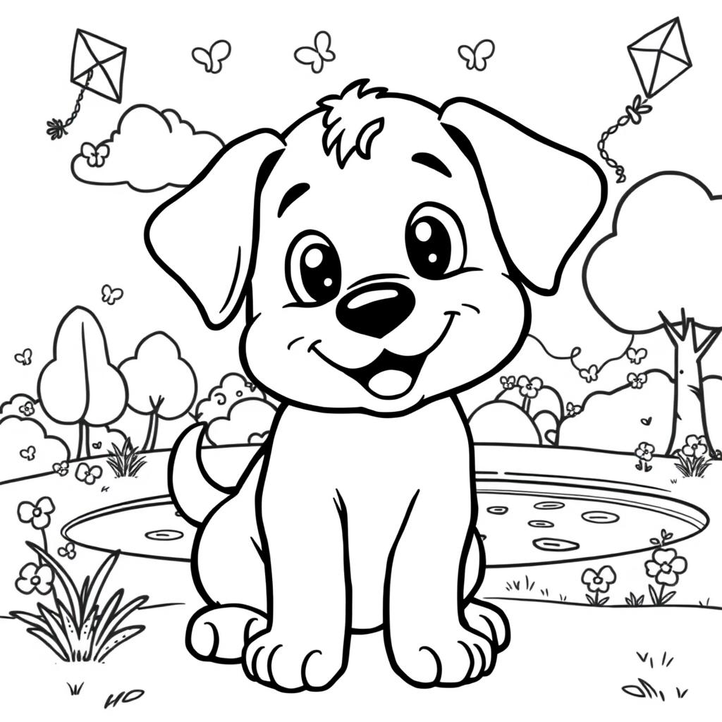 Line art of a cute playful puppy designed for coloring, with a thematic background suitable for children