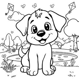 Line art of a cute playful puppy designed for coloring, with a thematic background suitable for children