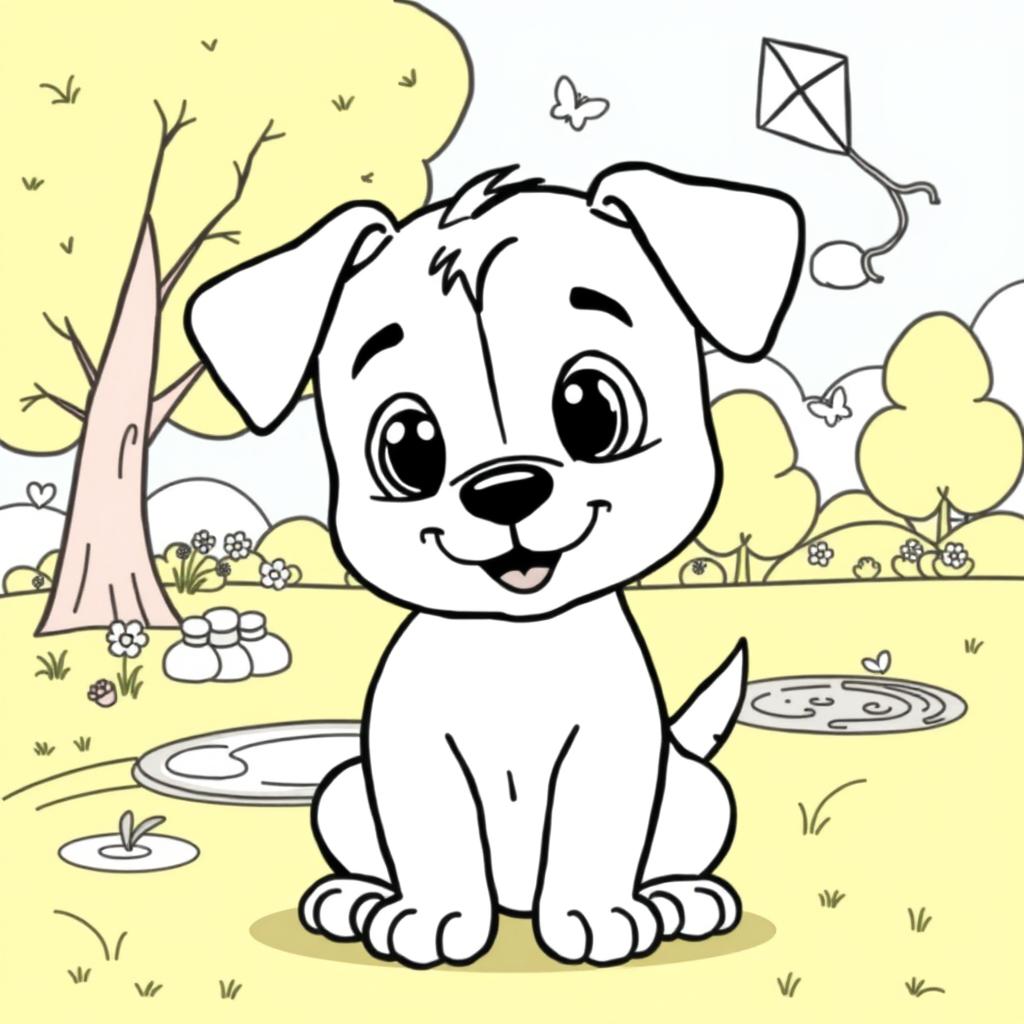 Line art of a cute playful puppy designed for coloring, with a thematic background suitable for children