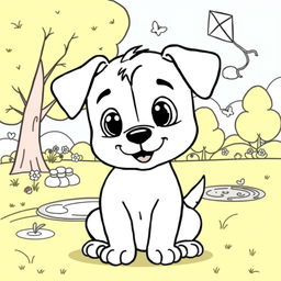 Line art of a cute playful puppy designed for coloring, with a thematic background suitable for children