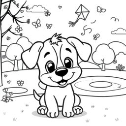 Line art of a cute playful puppy designed for coloring, with a thematic background suitable for children