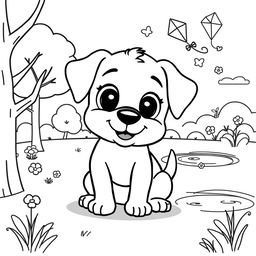 Line art of a cute playful puppy designed for coloring, with a thematic background suitable for children